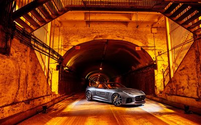 túnel, 2016, jaguar f-type svr, supercarros, estrada, park avenue tunnel, rodsters, cinza jaguar