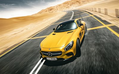 la dérive, en 2016, la Mercedes-AMG GT S, supercars, la route, le mouvement, jaune mercedes
