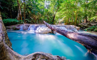 Thailand, waterfalls, summer, forest, lake, Erawan National Park