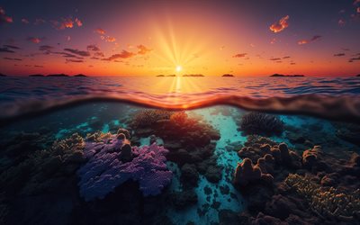 mer, 4k, monde sous marin, coucher de soleil, récif de corail, îles, coraux, faune