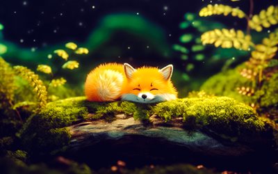 3d little fox, animali carini, 3d art, dormire piccola volpe, piccola volpe felice, animali selvatici, volpi