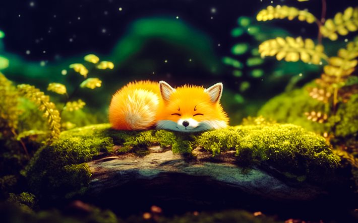3d little fox, animais fofos, 3d art, dormindo a pequena raposa, feliz raposa, animais selvagens, raposas