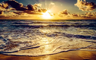 4k, paysage marin, soir, coucher de soleil, côte, mer, vagues, plage, beau coucher de soleil