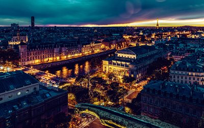 parigi, sera, tramonto, fiume senna, conciergerie, teatro chatelet, panorama di paris, paesaggio urbano di parigi, torre eiffel, francia