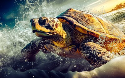 4k, tortue, dessins, soir, coucher de soleil, océan, vagues, tortues dessinées, beaux animaux, habitants marins, tortues