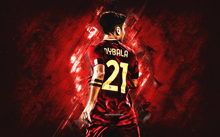 paulo dybala, como roma, jogador de futebol argentino, fundo de pedra da borgonha, série a, arte grunge, itália, futebol, paulo bruno dybala