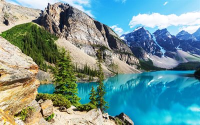 モレーン湖があり, 山々, hdr, 夏, 青湖, バンフ国立公園, カナダ