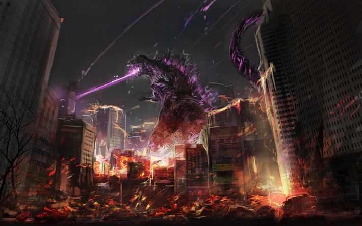 Godzilla, la destruction, la nuit, la ville