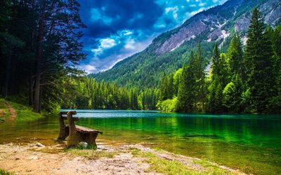 Austria, Gruner lake, mountain, summer, HDR, forest, bench