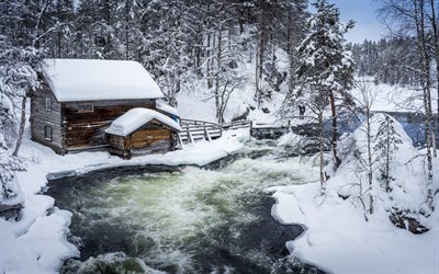 Finland, hut, winter, forest, river, snow, drifts