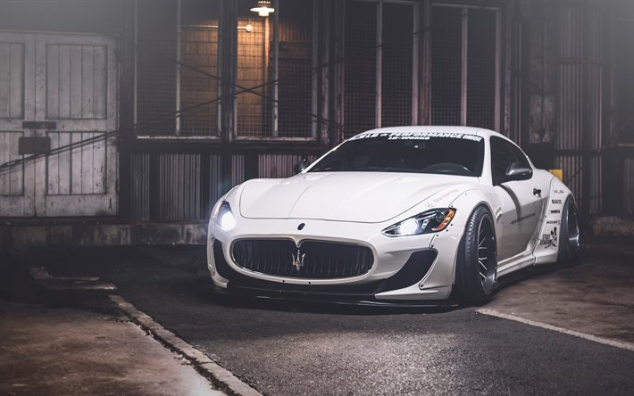 Maserati GranTurismo, supercars, 2016 cars, tuning, headlights, stance, white Maserati