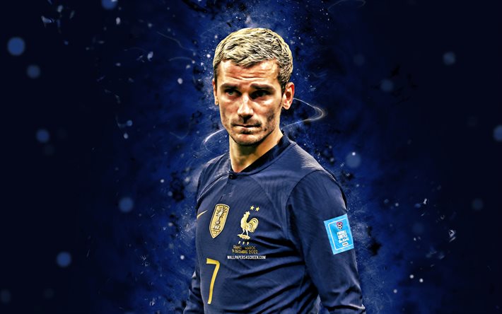 Antoine Griezmann, 4k, Qatar 2022, close-up, France National Football Team, blue neon lights, soccer, footballers, blue abstract background, French football team, FFF, Antoine Griezmann 4K