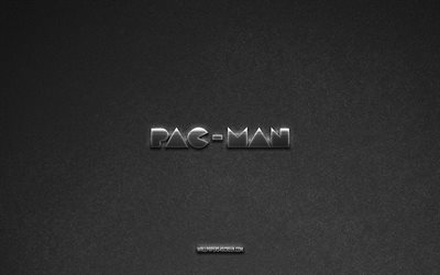 pacman logotyp, märken, grå sten bakgrund, pacman emblem, populära logotyper, pac man, metallskyltar, pacman logotyp i metall, sten textur