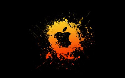 شعار التفاح البرتقالي, 4k, شيوع, خلاق, بقع الجرونج البرتقالية, شعار أبل الجرونج, شعار شركة آبل, عمل فني, تفاحة
