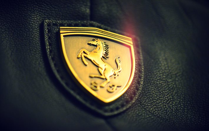 logotipo dourado ferrari, 4k, arte 3d, carros italianos, couro preto, logotipo da ferrari, criativo, ferrari