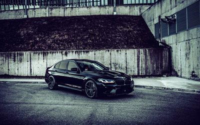 2022, BMW M5 F90, 4k, front view, black sedan, black BMW M5, F90, black F90, tuning, German cars, BMW
