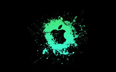애플 청록색 로고, 4k, 미니멀리즘, 창의적인, 청록색 그런 지 밝아진, 애플 그런 지 로고, 애플 로고, 삽화, 사과