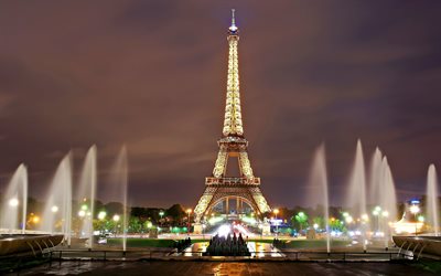 Paris, çeşmeler, gece, Eyfel Kulesi, Fransa
