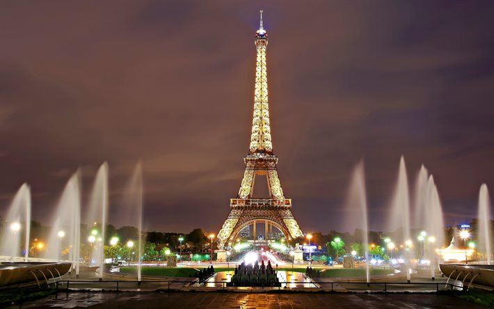 Paris, fountains, night, Eiffel Tower, France