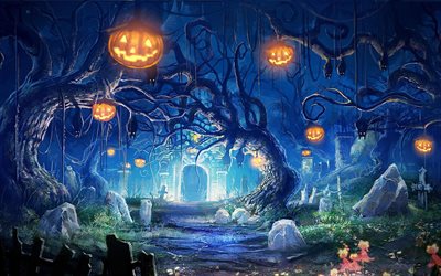 Halloween, night, trees, pumpkins