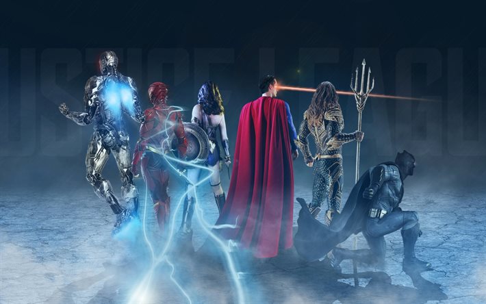 Justice League en 2017, les super-héros, tous les personnages, Wonder Woman, Superman, Batman, Aquaman, Flash, Cyborg, Clark Kent
