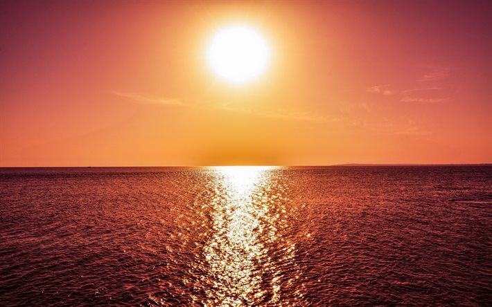 المناظر البحرية, البحر, غروب الشمس, موجات, البرتقالي السماء, الغروب الذهبي, 4k