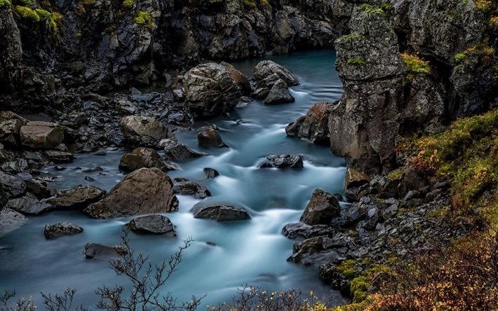 山区河流, 岩石, 冰岛, 大石头, 水