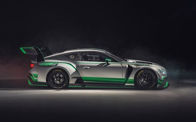 Bentley Continental GT3, 2018, carreras de coches, plata, verde Continental, tuning, deportes, coche, Bentley