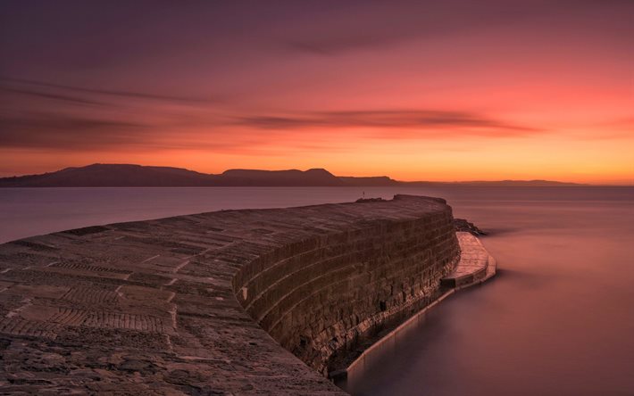 puesta de sol, mar, embarcadero de piedra, rompeolas, paisaje de montaña, de la costa, Cobb costa, Inglaterra, Lima Regis
