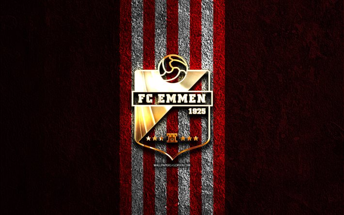 fc emmens gyllene logotyp, 4k, röd sten bakgrund, eredivisie, holländsk fotbollsklubb, fc emmen logotyp, fotboll, fc emmen emblem, fc emmen, emmen fc