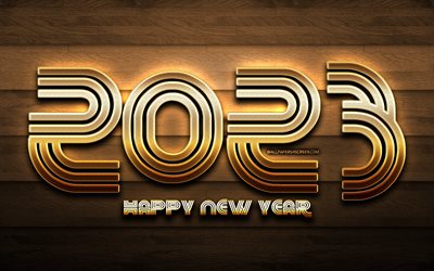 4k, 2023 feliz año nuevo, dígitos de brillo dorado, 2023 conceptos, 2023 dígitos de oro, decoraciones de navidad, feliz año nuevo 2023, creativo, 2023 fondo de madera, 2023 año, feliz navidad