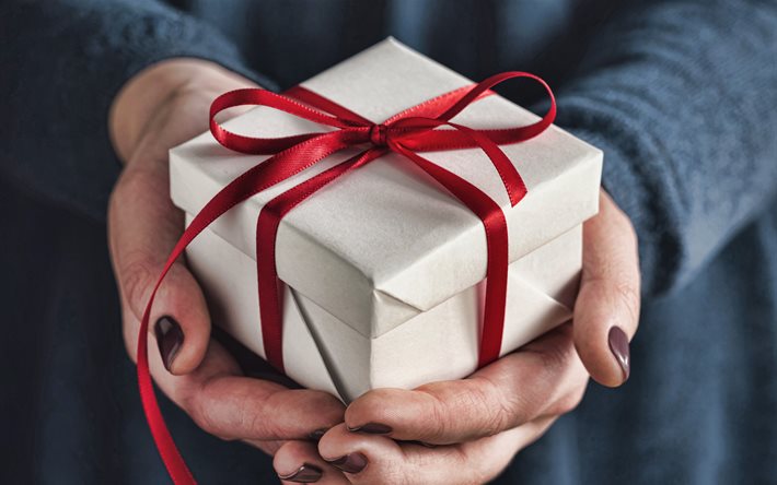 붉은 실크 활이 있는 선물 상자, 4k, 손에 선물, 선물 프레젠테이션, 선물 상자, 선물 선택 개념, 크리스마스 선물