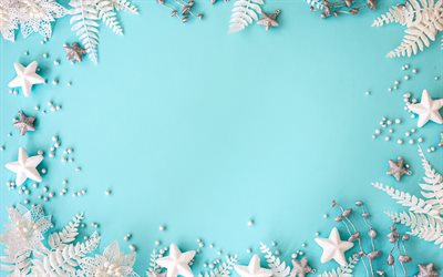 Blue winter frame, white winter elements, snowflakes, white stars, Christmas frame, New Year, blue winter background