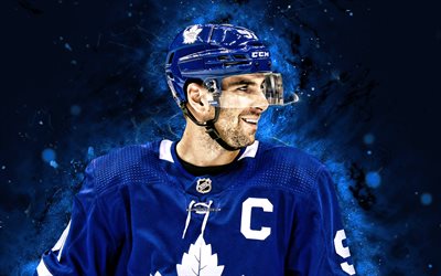 4k, John Tavares, 2022, Toronto Maple Leafs, blue neon lights, NHL, hockey, John Tavares 4K, blue abstract background, John Tavares Toronto Maple Leafs