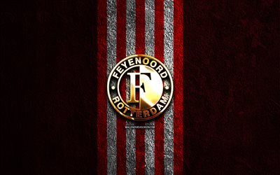 شعار فينورد الذهبي, 4k, الحجر الأحمر الخلفية, إيرديفيسي, نادي كرة القدم الهولندي, شعار فينورد, كرة القدم, فينورد روتردام, فينورد