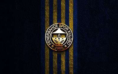 Fenerbahce golden logo, 4k, blue stone background, Super Lig, turkish football club, Fenerbahce logo, soccer, Fenerbahce emblem, Fenerbahce SK, football, Fenerbahce FC