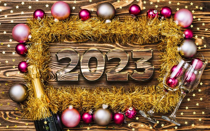 4k, 2023 hyvää uutta vuotta, kultainen hopealanka, jouluisia kehyksiä, 2023 konseptit, 2023 lasinumeroa, joulukoristeita, hyvää uutta vuotta 2023, luova, 2023 puinen tausta, vaaleanpunaiset joulupallot, 2023 vuosi, hyvää joulua