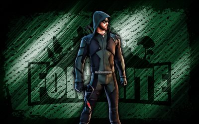 Green Arrow Fortnite, 4k, green diagonal background, grunge art, Fortnite, artwork, Green Arrow Skin, Fortnite characters, Green Arrow, Fortnite Green Arrow Skin