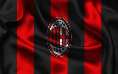 4k, logo de l'ac milan, tissu de soie noir rouge, club de football italien, emblème de l'ac milan, série a, insigne de l'ac milan, italie, football, drapeau de l'ac milan