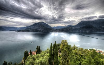 Italy, mountains, lake, clouds, Castello di Vezio, HDR