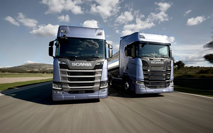 Scania R500, Scania S730, road, trucks, 2017, speed, movement