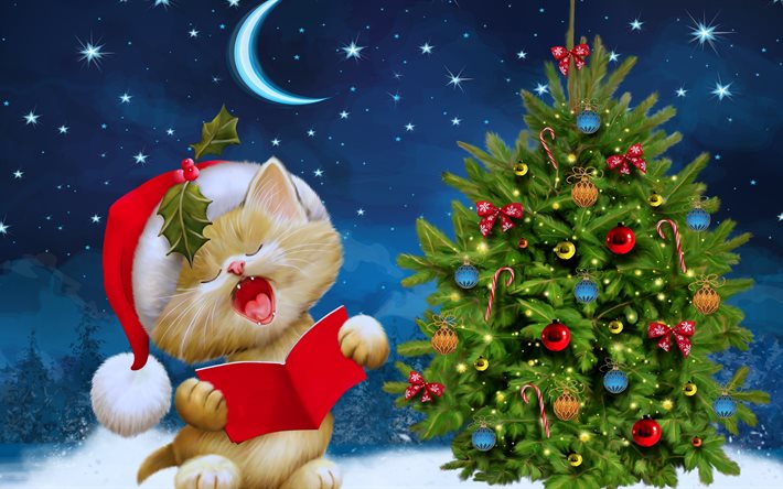 नया साल, 4k, बिल्ली का बच्चा, क्रिसमस, बिल्ली, क्रिसमस की सजावट, x-mas पेड़