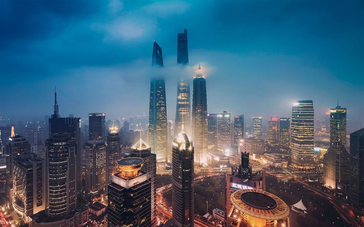 xangai, arranha-céus, edifícios, shanghai tower, nevoeiro, noite, jin mao tower, shanghai world financial center, ásia, china