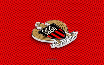 4k, OGC Nice isometric logo, 3d art, French football club, isometric art, OGC Nice, red background, Ligue 1, France, football, isometric emblem, OGC Nice logo