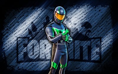 Green Storm Racer Fortnite, 4k, blue diagonal background, grunge art, Fortnite, artwork, Green Storm Racer Skin, Fortnite characters, Green Storm Racer, Fortnite Green Storm Racer Skin