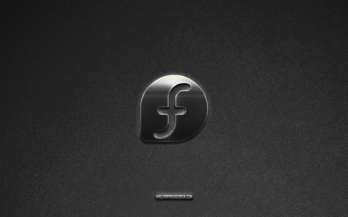 fedora linux のロゴ, ブランド, 灰色の石の背景, fedora linux エンブレム, 人気のロゴ, フェドラ linux, メタルサイン, fedora linux メタルロゴ, 石のテクスチャ