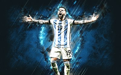nicolas otamendi, argentinas fotbollslandslag, qatar 2022, argentinsk fotbollsspelare, blå sten bakgrund, grunge konst, argentina, fotboll