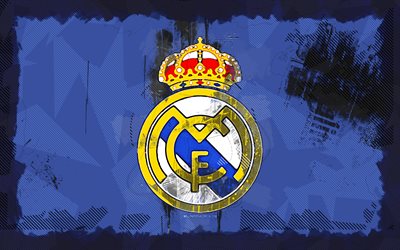 4k, logotipo grunge del real madrid, fondo azul grunge, la liga, club de futbol español, logotipo del real madrid, fútbol, emblema del real madrid, arte grunge, real madrid cf, real madrid fc