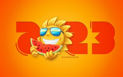 Happy New Year 2023, 4k, red symbols, 2023 summer background, watermelons, 3d summer emoticon, 2023 yellow background, 2023 concepts, 2023 travel, 2023 Happy New Year, 2023 greeting card