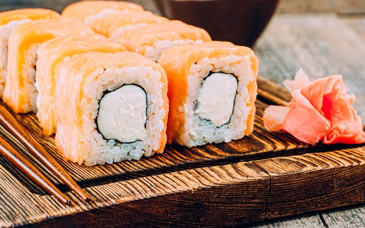 philadelphia rolls, 4k, macro, comida asiática, sushi, rolos, comida rápida, comida japonesa, foto com sushi, filadélfia